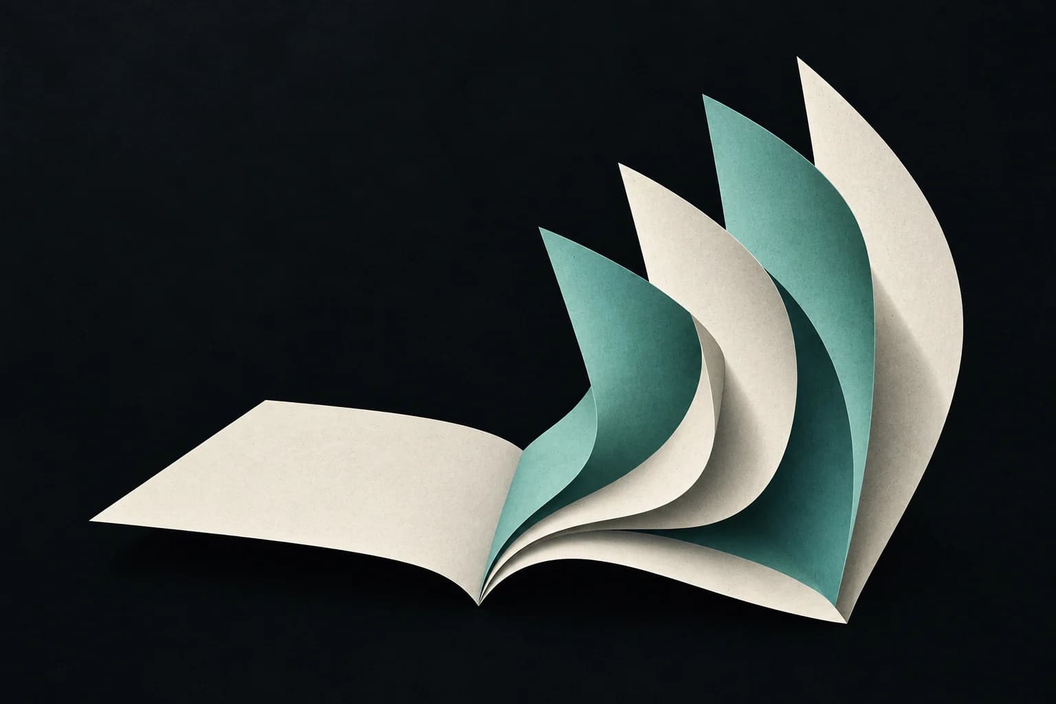 An open page unfolding into jade and ivory sound fins