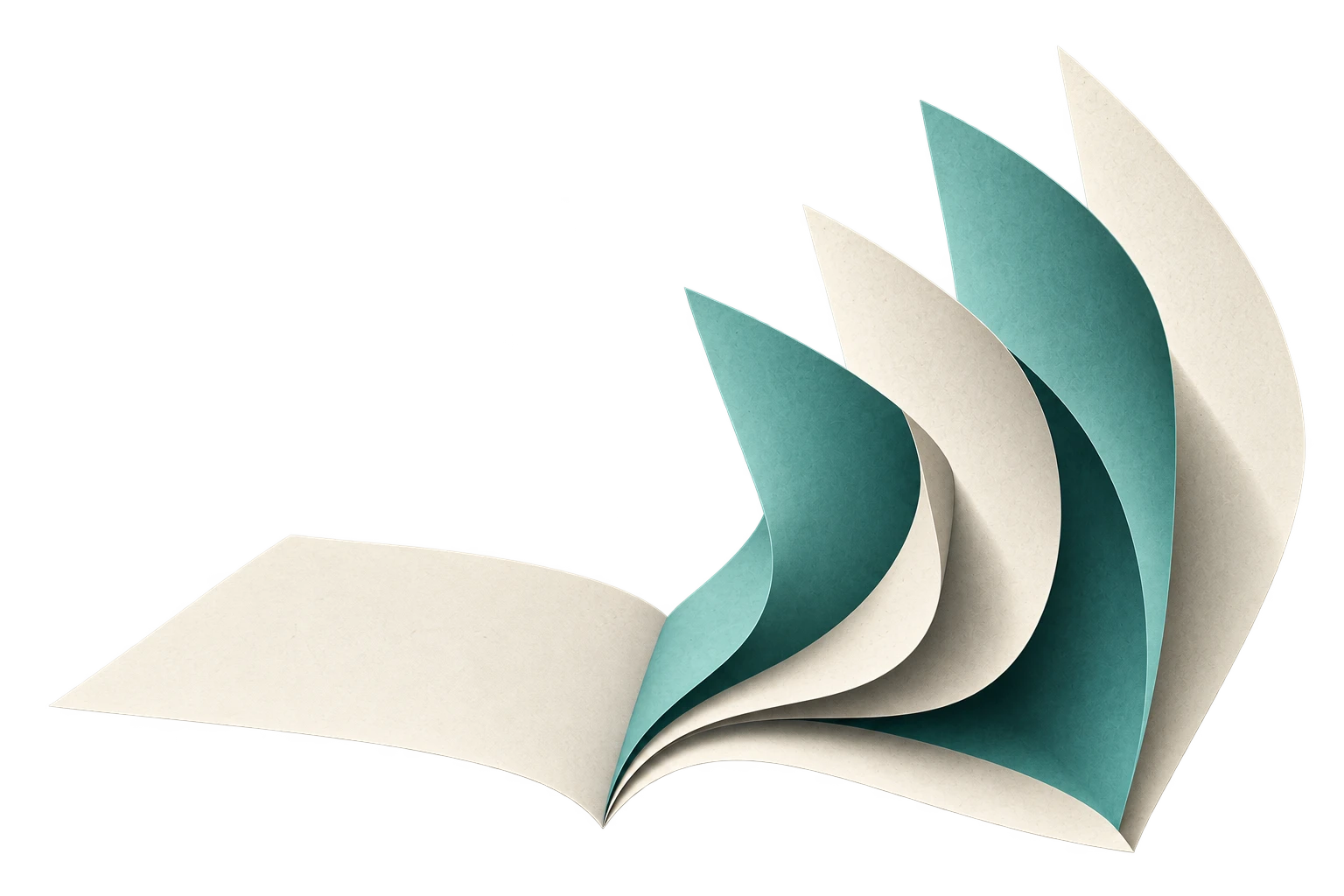 An open ivory page unfolding into jade and ivory sound fins